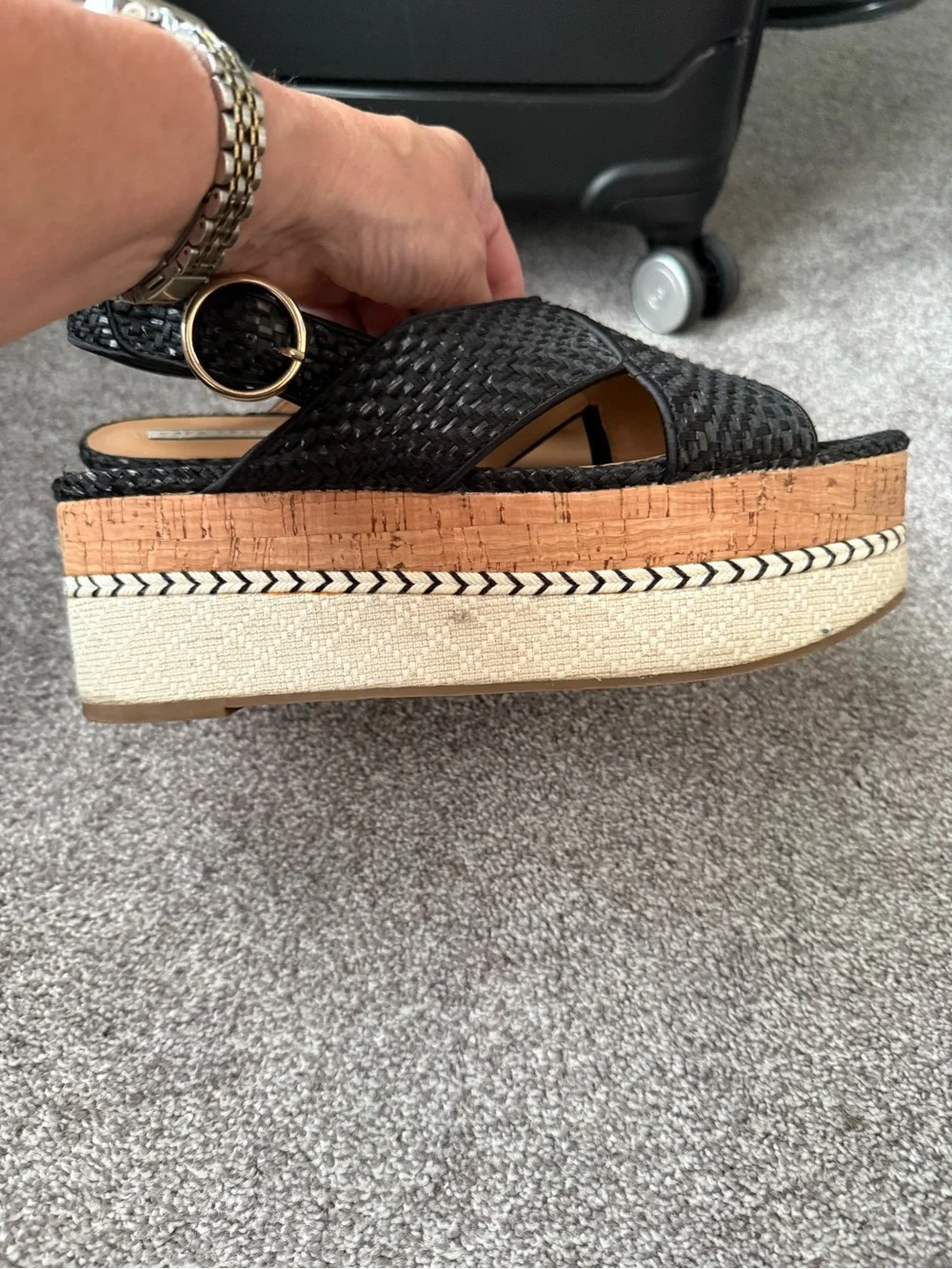 Zara Black Woven Cork Platform Wedges